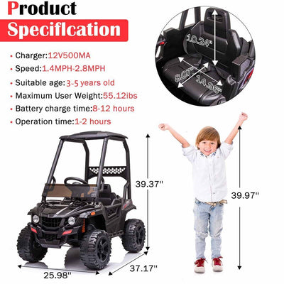 Ride on Car with Remote Control, 12V Kids Off-Road UTV with High Roof, Black Electric Vehicles for Boys Girls, 3 Speeds Ride on Truck with Suspension Music LED Lights MP3, LL857