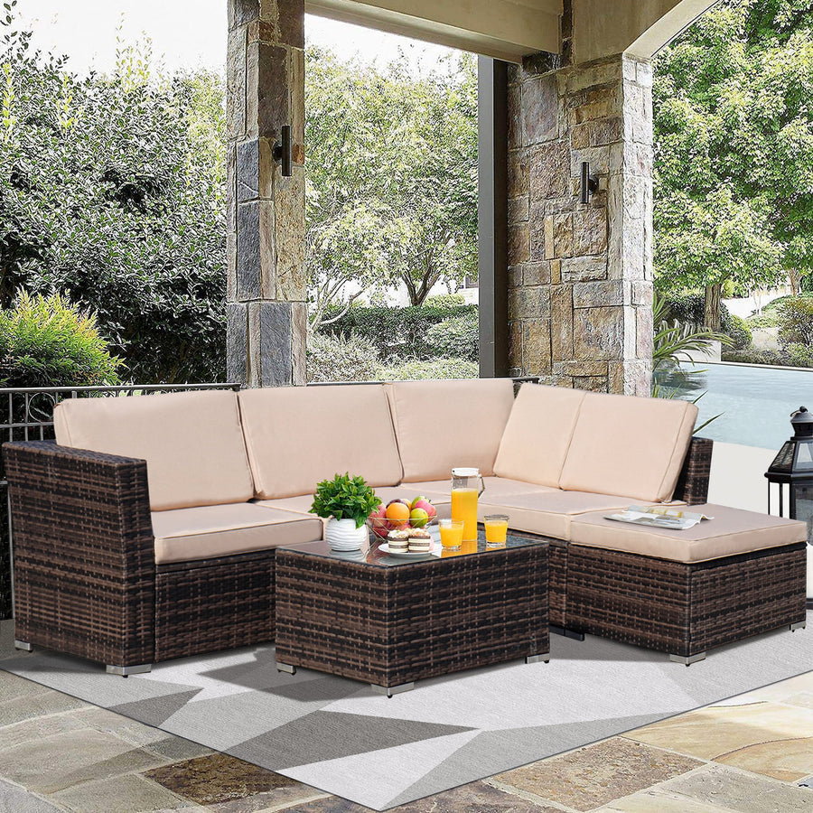 4 Piece Patio Furniture Set, Outdoor Couch Patio Set, Wicker Patio Furniture Sets for Backyard Balcony Porch Deck Pool,with Chaise Lounge/Glass Coffee Table, with Ottomans/Glass Coffee Table