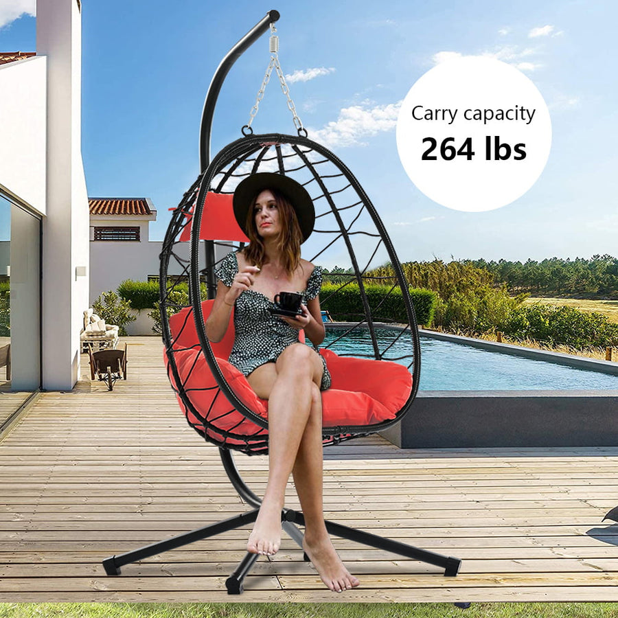 Clearance! Hanging Wicker Egg Chair, Outdoor Patio Hanging Chairs with Stand, UV Resistant Hammock Chair with Comfortable Red Cushion, Durable Indoor Swing Egg Chair for Garden, Backyard, L3952