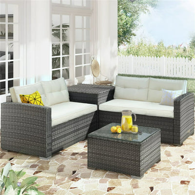 4 Piece Outdoor Deck Furniture Sets with Loveseat Sofa, Storage Box, Tempered Glass Coffee Table, All-Weather Patio Conversation Set with Cushions for Backyard, Porch, Garden, Pool, LLL1112