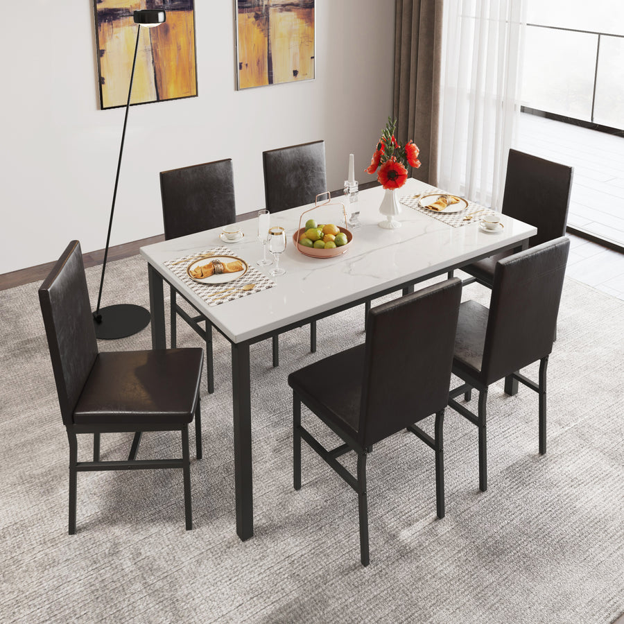 7 Piece Kitchen Dining Table and Chair Set, Dining Room Table Set with Glass Tabletop PU Leather Padded Chairs, Rectangle Dining Table Set for 6, Dinette Set for Kitchen Dining Room Small Space
