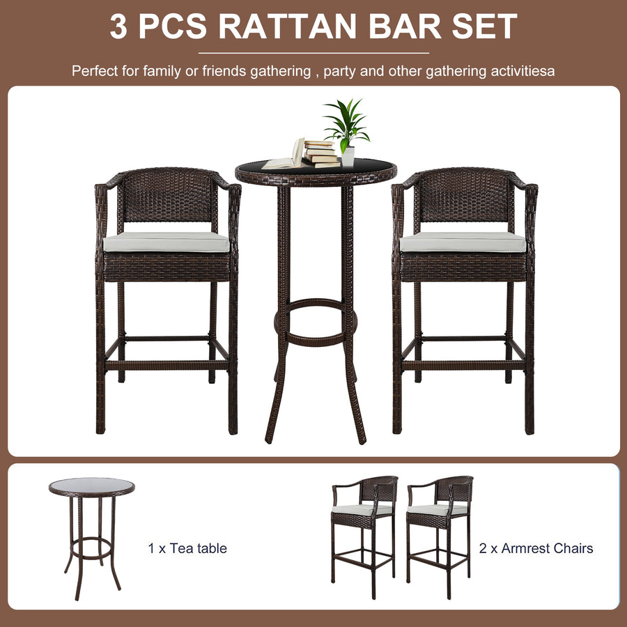 3 PCS Outdoor Patio Furniture Set, All-Weather Patio Dining Sets, PE Rattan Bar Height Table & Stool, Outdoor Bar Set with Cushion, High Bistro Set Dining Table Set, for Pool Patio Yard Balcony, K3937