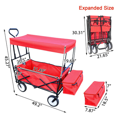Folding Wagon Cart with Canopy, Heavy Duty Collapsible Utility Wagon with All-Terrain Wheels and Cup Holder, 150lbs Capacity Beach Wagon Cart for Garden Shopping Trip Camping, B119