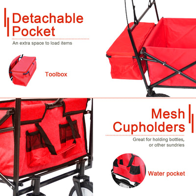 Folding Wagon Cart with Canopy, Heavy Duty Collapsible Utility Wagon with All-Terrain Wheels and Cup Holder, 150lbs Capacity Beach Wagon Cart for Garden Shopping Trip Camping, B119