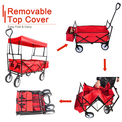 Folding Wagon Cart with Canopy, Heavy Duty Collapsible Utility Wagon with All-Terrain Wheels and Cup Holder, 150lbs Capacity Beach Wagon Cart for Garden Shopping Trip Camping, B119