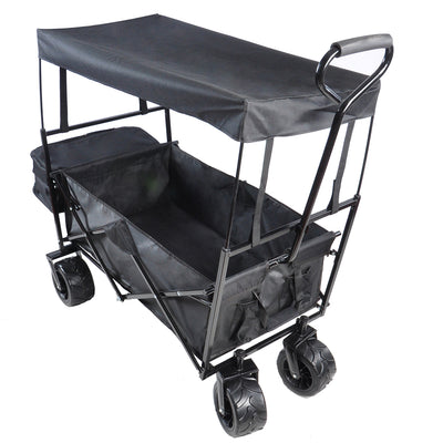 Outdoor Collapsible Wagon Cart, Utility Garden Wagon for Beach, Groceries, Sand, Garden, Camping w/ Removable Canopy and Cup Holders, 600D PVC Fabric, B714