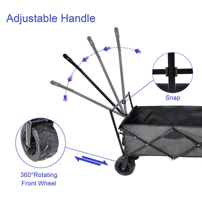 Outdoor Collapsible Wagon Cart, Utility Garden Wagon for Beach, Groceries, Sand, Garden, Camping w/ Removable Canopy and Cup Holders, 600D PVC Fabric, B714