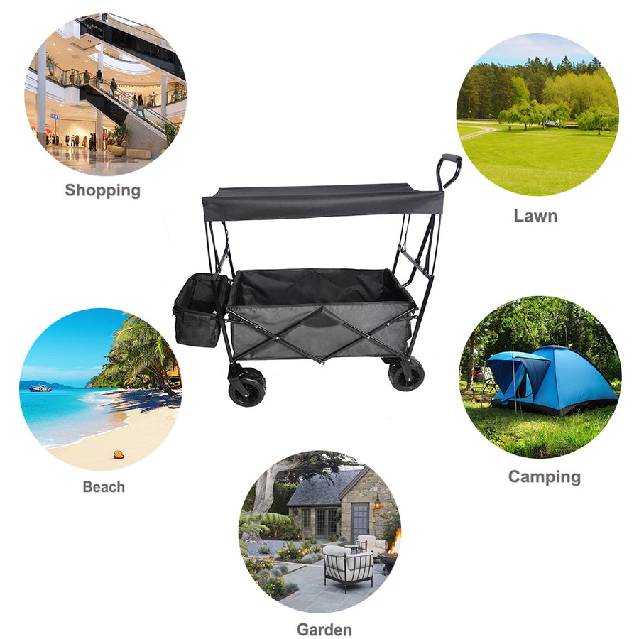 Outdoor Collapsible Wagon Cart, Utility Garden Wagon for Beach, Groceries, Sand, Garden, Camping w/ Removable Canopy and Cup Holders, 600D PVC Fabric, B714