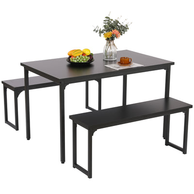 Black Modern 3-Pieces Dining Room Table with Two Benches, 3 Pieces Farmhouse Kitchen Table Set with Metal Frame and MDF Board, Small Dining Table Furniture Set for Home, Cafeteria, LL328