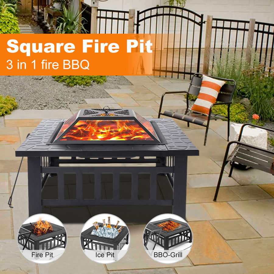 32'' Wood Burning Fire Pit, Outdoor Square Metal Fire Pit Table, Backyard Patio Garden Wood Burning Heater, BBQ, Ice Pit with Charcoal Rack, Poker, Fit for Party Picnic Camping