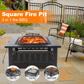 32'' Wood Burning Fire Pit, Outdoor Square Metal Fire Pit Table, Backyard Patio Garden Wood Burning Heater, BBQ, Ice Pit with Grill Rack, Poker, Fit for Party Picnic Camp