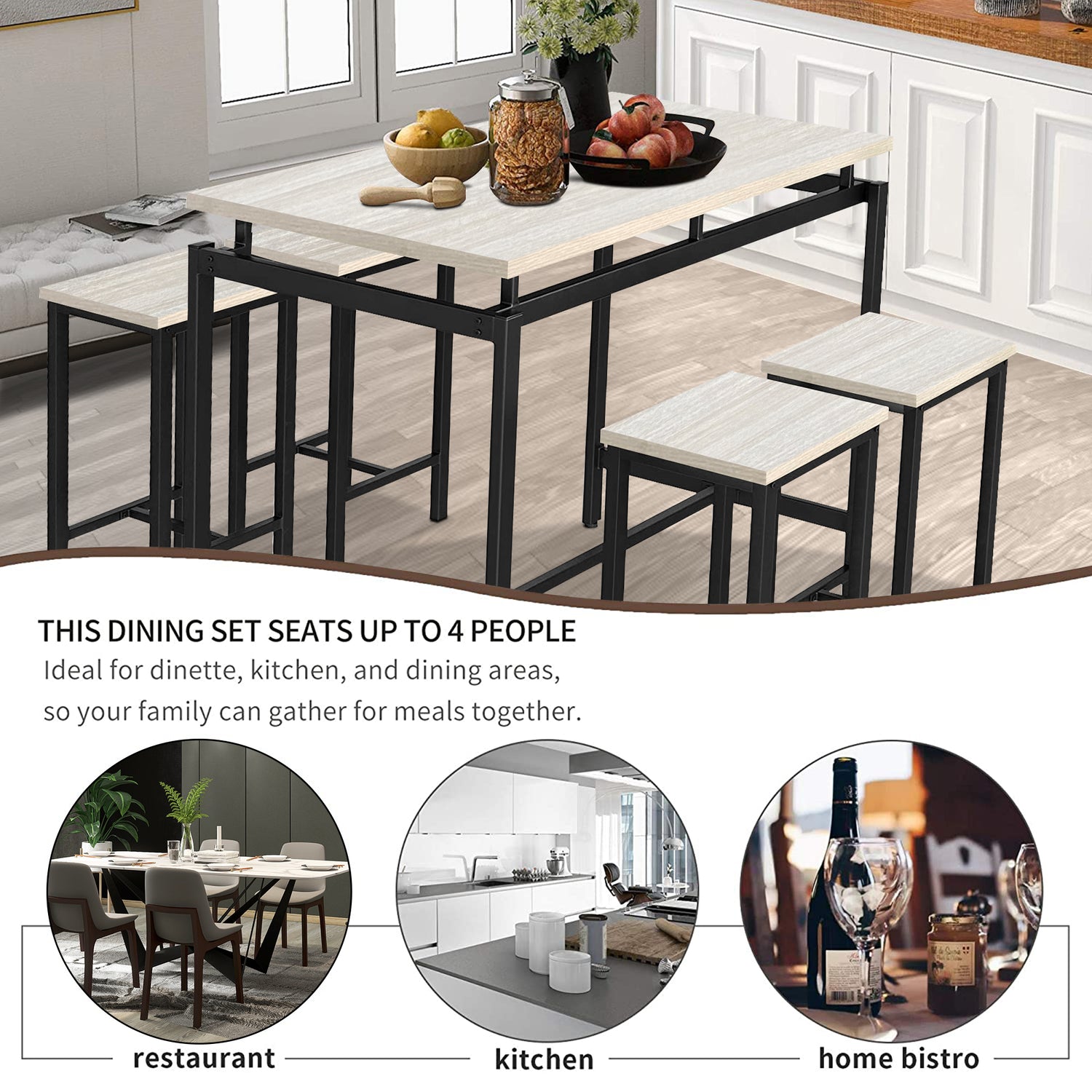 5 Piece Bar Table Set, Kitchen Counter Height Table with 4 Stools, Spa ...