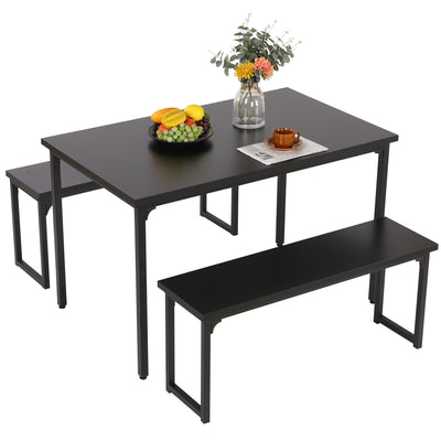 Black Modern 3-Pieces Dining Room Table with Two Benches, 3 Pieces Farmhouse Kitchen Table Set with Metal Frame and MDF Board, Small Dining Table Furniture Set for Home, Cafeteria, LL328