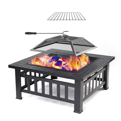 Multifunctional Fire Pit Table, 32'' Fireplace Heater/BBQ/Ice Pit, Square Metal Fire Pit Stove with Waterproof Cover, Screen Lid and Log Poker for Backyard Garden Camping Picnic Bonfire, K1207