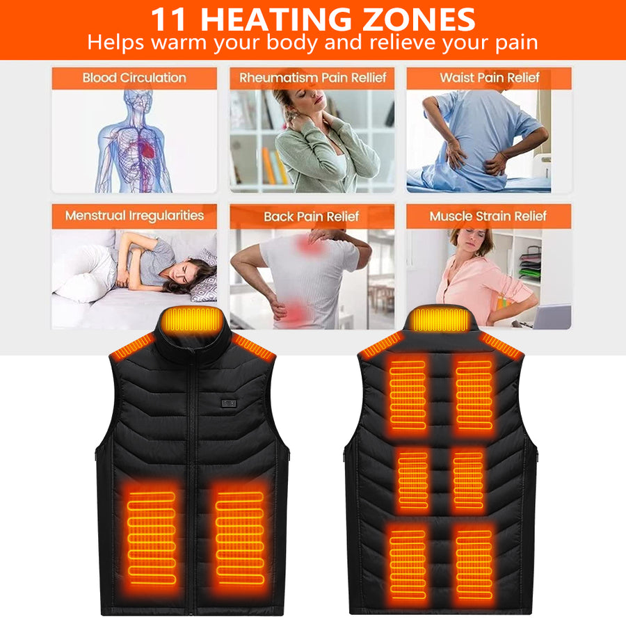 Heated Vest for Men Women, Size Adjustable, 11 Heating Zones, 3 Heating Levels, Unisex USB Charging Electric Heating Vest for Hunting, Fishing, Hiking (Battery Not Included)