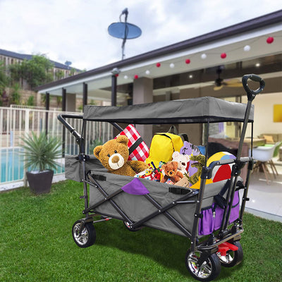 Outdoor Folding Utility Wagon with Removable Canopy, Collapsible Beach Wagon Cart with 360 Rotating Front Wheels and Drink Holders, Portable Garden Cart for Camping, Picnic, Beach, TR44