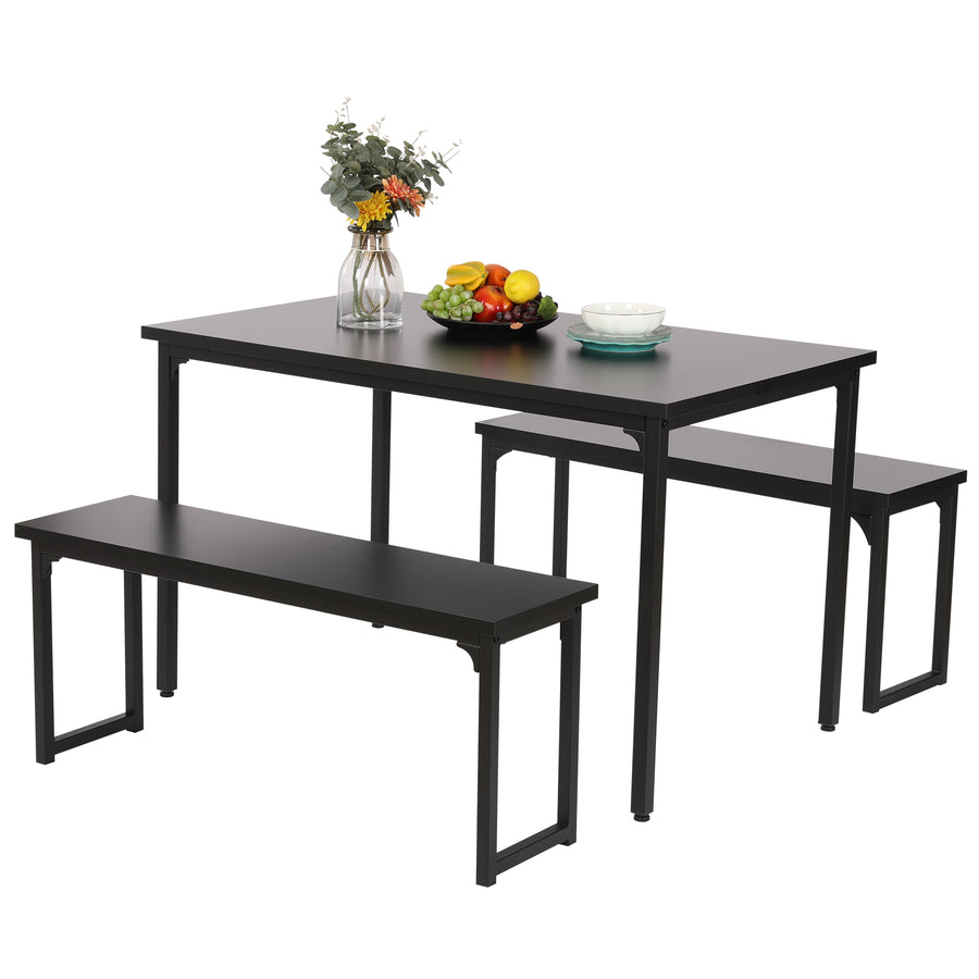 Black Modern 3-Pieces Dining Room Table with Two Benches, 3 Pieces Farmhouse Kitchen Table Set with Metal Frame and MDF Board, Small Dining Table Furniture Set for Home, Cafeteria, LL328