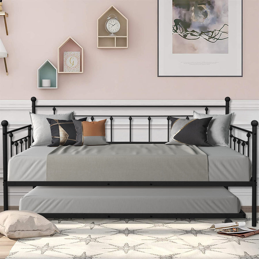 Twin Daybed with Trundle Included, SEGMART Twin Trundle Bed Frame with Metal Slat Support, Trundle Beds for Kids Teens Adults, Daybed for Bedroom Guest Room, Bed Frame No Box Spring Needed, Black, L