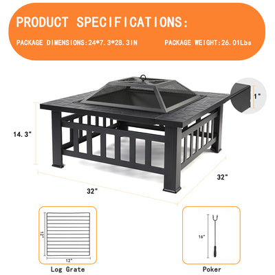 SEGMART Outdoor Fire Pit, 32" Square Metal Fire Pit Table, Stove Wood Burning BBQ Grill Fire Pit Bowl, Spark Screen & Log Poker, Ideal for Yard Patio Beach Picnic Bonfire