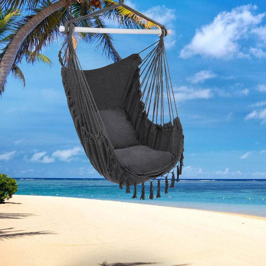 Macrame Hammock Chair Swing, Hanging Rope Swing for Patio, Porch, Bedroom, Backyard, Indoor or Tree, Hanging Rope Swing Seat with Detachable Metal Support Bar & 2 Cushions, Max. Weight 330 Lbs, B06