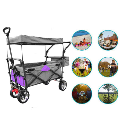 Outdoor Folding Utility Wagon with Removable Canopy, Collapsible Beach Wagon Cart with 360 Rotating Front Wheels and Drink Holders, Portable Garden Cart for Camping, Picnic, Beach, TR44