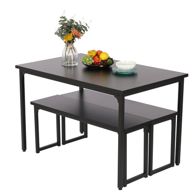 Black Modern 3-Pieces Dining Room Table with Two Benches, 3 Pieces Farmhouse Kitchen Table Set with Metal Frame and MDF Board, Small Dining Table Furniture Set for Home, Cafeteria, LL328