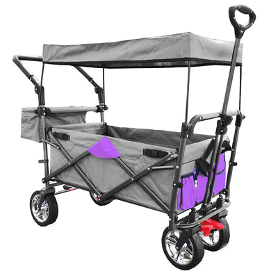 Outdoor Folding Utility Wagon with Removable Canopy, Collapsible Beach Wagon Cart with 360 Rotating Front Wheels and Drink Holders, Portable Garden Cart for Camping, Picnic, Beach, TR44