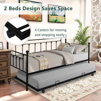 Twin Metal Trundle Bed Frame, Twin Trundle Beds with Trundle Included, SEGMART Daybed & Trundle w/ Metal Slat Support, Twin Daybed for Adults Kids Teens, Bed Frame No Box Spring Needed, Black, L