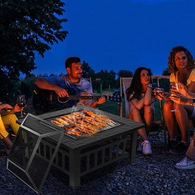 Multifunctional Fire Pit Table, 32'' Fireplace Heater/BBQ/Ice Pit, Square Metal Fire Pit Stove with Waterproof Cover, Screen Lid and Log Poker for Backyard Garden Camping Picnic Bonfire, K1207