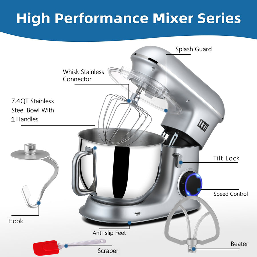 SEGMART 3 in 1 Stand Mixer, 7.4QT 6-Speed Tilt-Head Electric Mixer with Dishwasher Safe Dough Hook, Flat Beater, Wire Whip & Spatula for Most Home Cooks, Multifunction Standing Mixer - 660W, K142