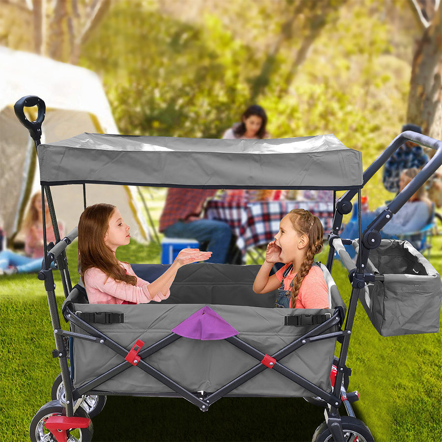 Outdoor Folding Utility Wagon with Removable Canopy, Collapsible Beach Wagon Cart with 360 Rotating Front Wheels and Drink Holders, Portable Garden Cart for Camping, Picnic, Beach, TR44