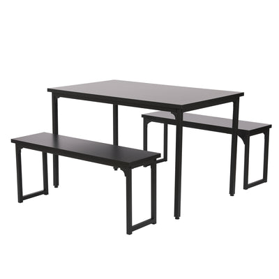 Black Modern 3-Pieces Dining Room Table with Two Benches, 3 Pieces Farmhouse Kitchen Table Set with Metal Frame and MDF Board, Small Dining Table Furniture Set for Home, Cafeteria, LL328