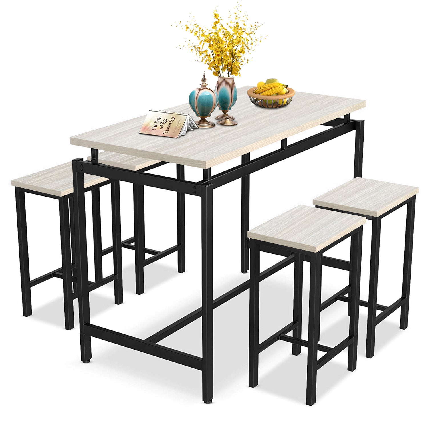 5 Piece Bar Table Set, Kitchen Counter Height Table with 4 Stools, Spa ...
