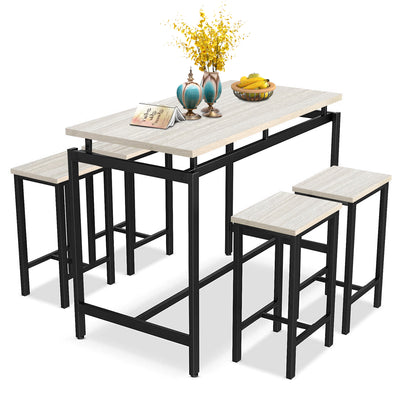 5 Piece Bar Table Set, Kitchen Counter Height Table with 4 Stools, Space Saving Pub Table Set for 4 Person with Metal Frame, Wood Dining Table & Chair Set for Breakfast Nook Pub Bistro