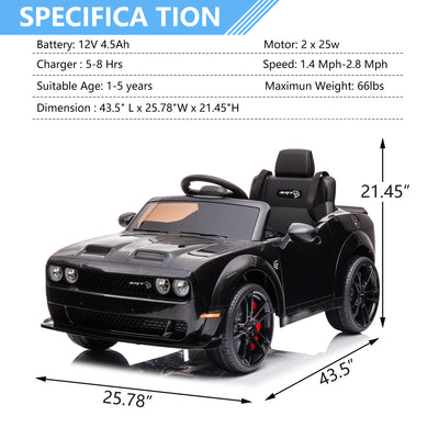 Electric Kids Toys, 12V Licensed Dodge Challenger SRT Ride on Car, 12V Battery Powered Vehicles w/ Remote Control, Safety Belt, Bluetooth, MP3 Player, Headlight, Motorized Truck for Boys Girls