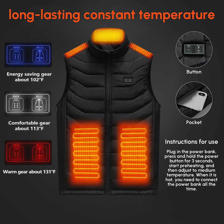 Heated Vest for Men Women, Size Adjustable, 11 Heating Zones, 3 Heating Levels, Unisex USB Charging Electric Heating Vest for Hunting, Fishing, Hiking (Battery Not Included)