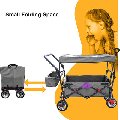 Outdoor Folding Utility Wagon with Removable Canopy, Collapsible Beach Wagon Cart with 360 Rotating Front Wheels and Drink Holders, Portable Garden Cart for Camping, Picnic, Beach, TR44