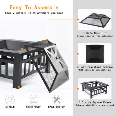 Multifunctional Fire Pit Table, 32'' Fireplace Heater/BBQ/Ice Pit, Square Metal Fire Pit Stove with Waterproof Cover, Screen Lid and Log Poker for Backyard Garden Camping Picnic Bonfire, K1207