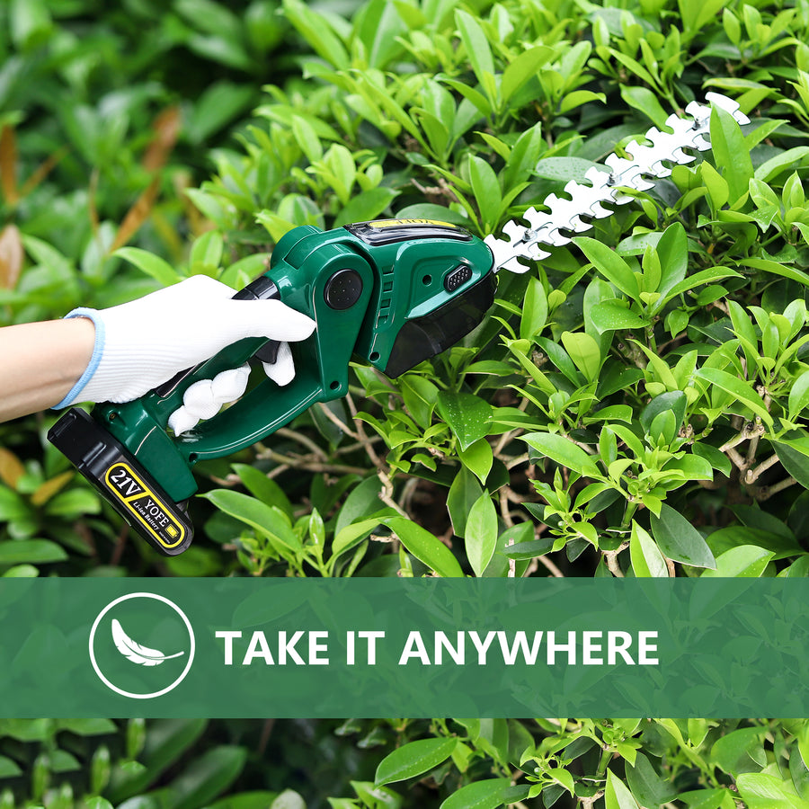 21V Cordless Hedge Trimmer, 2 in 1 Handheld Grass Shears & Shrubbery Trimmer with 1500mAh Battery & Charger for Gardening