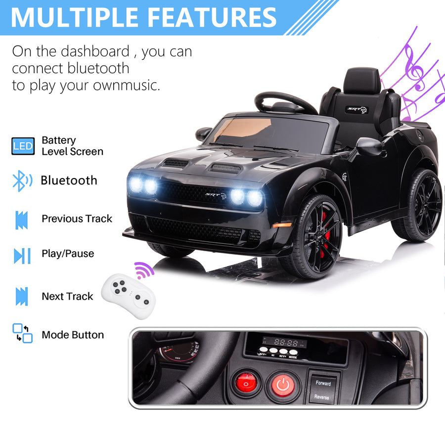 Electric Kids Toys, 12V Licensed Dodge Challenger SRT Ride on Car, 12V Battery Powered Vehicles w/ Remote Control, Safety Belt, Bluetooth, MP3 Player, Headlight, Motorized Truck for Boys Girls