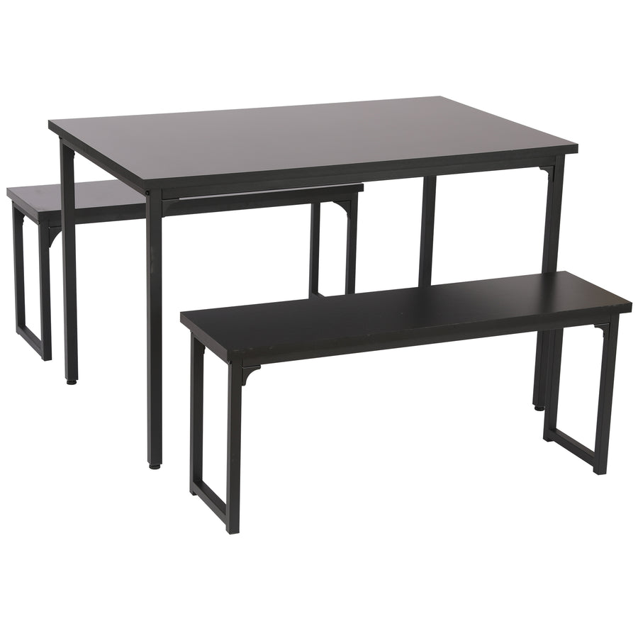 Black Modern 3-Pieces Dining Room Table with Two Benches, 3 Pieces Farmhouse Kitchen Table Set with Metal Frame and MDF Board, Small Dining Table Furniture Set for Home, Cafeteria, LL328