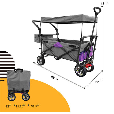 Outdoor Folding Utility Wagon with Removable Canopy, Collapsible Beach Wagon Cart with 360 Rotating Front Wheels and Drink Holders, Portable Garden Cart for Camping, Picnic, Beach, TR44