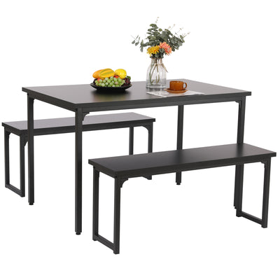 Black Modern 3-Pieces Dining Room Table with Two Benches, 3 Pieces Farmhouse Kitchen Table Set with Metal Frame and MDF Board, Small Dining Table Furniture Set for Home, Cafeteria, LL328