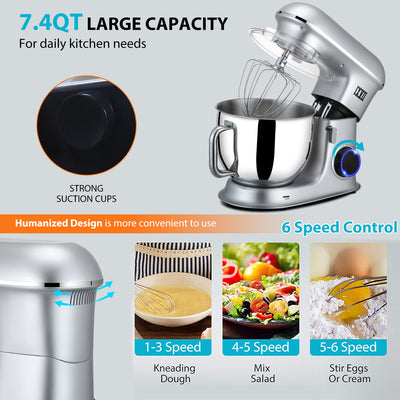 SEGMART 3 in 1 Stand Mixer, 7.4QT 6-Speed Tilt-Head Electric Mixer with Dishwasher Safe Dough Hook, Flat Beater, Wire Whip & Spatula for Most Home Cooks, Multifunction Standing Mixer - 660W, K142