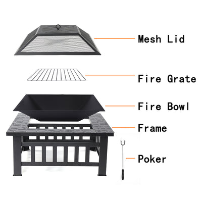 32'' Wood Burning Fire Pit, Outdoor Square Metal Fire Pit Table, Backyard Patio Garden Wood Burning Heater, BBQ, Ice Pit with Charcoal Rack, Poker, Fit for Party Picnic Camping