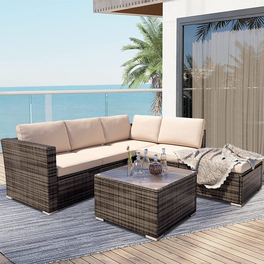 Patio Dining Sets Clearance, 4 Piece Patio Furniture Sets with Ottoman, Coffee Table, 2-Seater Sofas, Patio Sectional Sofa Set with Light Khaki Cushions for Backyard, Porch, Garden, Pool, LLL202