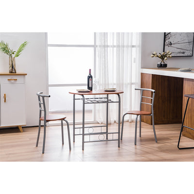 3 Piece Breakfast Set, Modern Dining Table Set, Durable Metal Frame and Wood Tabletop Kitchen Table and Chairs for 2, Dining Set Round Kitchen Table with Wine Bottle Rack, Steel Tube, Brown