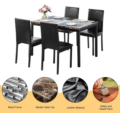 Kitchen Table and 4 Chairs Set, 48" x 30" x 30" Metal Kitchen Table Sets Faux Marble Rectangular Breakfast Table with Metal Legs & Black Finish Frame, Dining Table Sets for an Apartment Breakfast, S12528