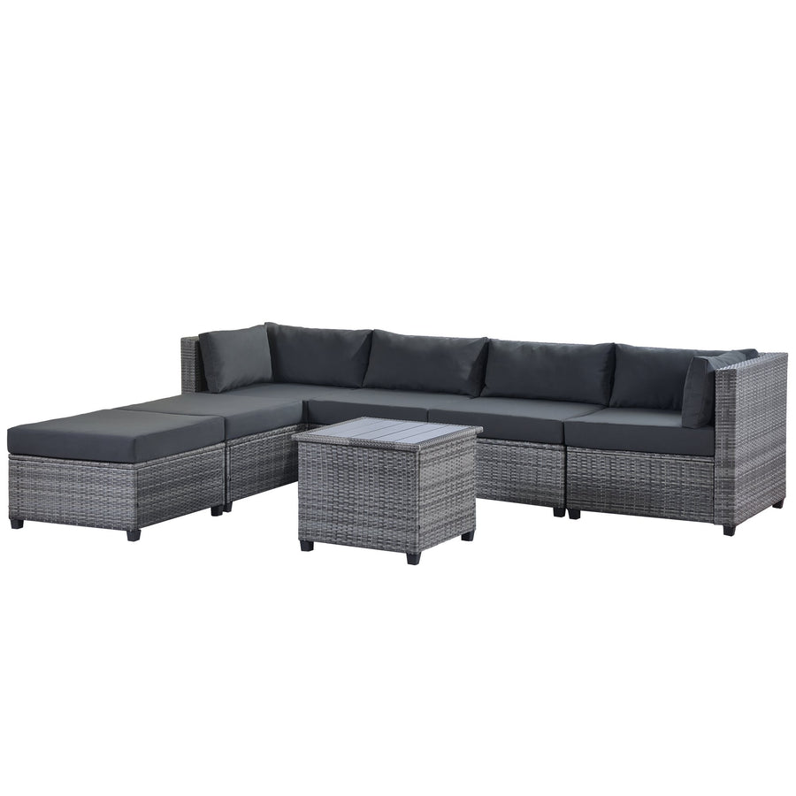 7 Piece Patio Furniture Set with 4 Rattan Wicker Chairs, 2 Ottoman, Coffee Table, All-Weather Outdoor Conversation Set with Gray Cushions for Backyard, Porch, Garden, Poolside, L5017