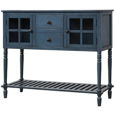 Console Table Buffet Sideboard with 2 Drawers and 2 Glass Cabinet, Retro Farmhouse Tall Wood Sideboard Cupboard w/Solid Wood Frame and Legs and Bottom Shelf for Kitchen, 114lbs, Antique Navy, S526